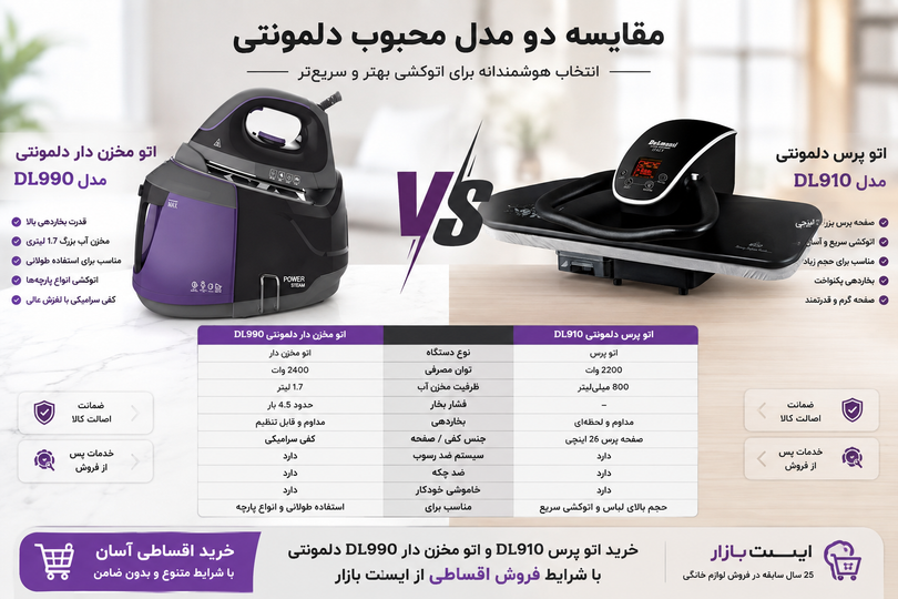 مقایسه اتو پرس دلمونتی مدل DL910 با اتو مخزن دار دلمونتی ایتالیا مدل DL990