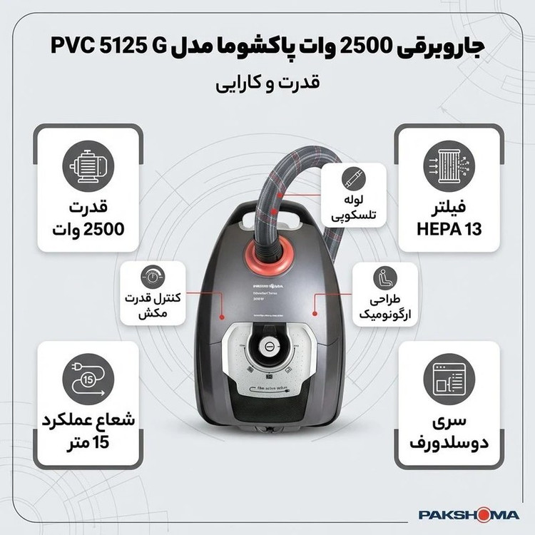 جاروبرقی کیسهدار پاکشوما مدل PVC 5125 G با موتور 2500 وات لوله کنفی